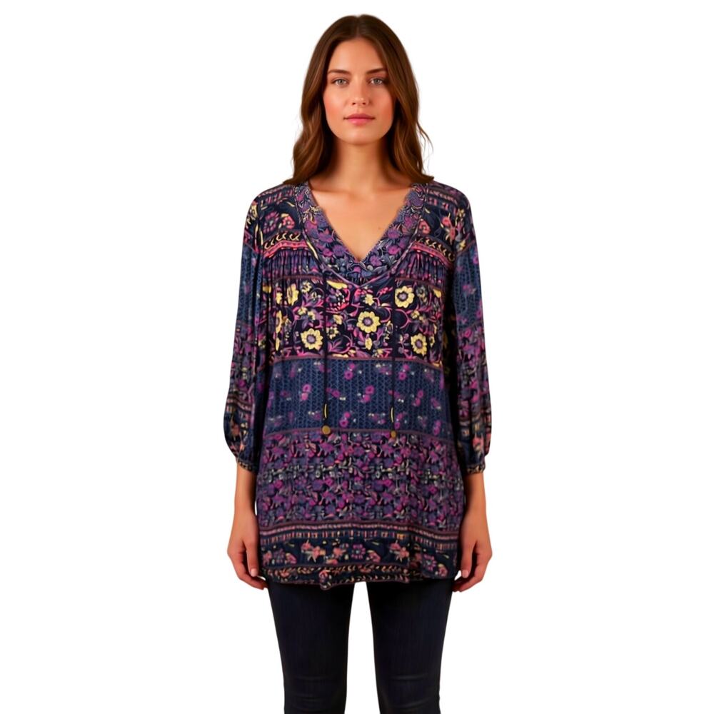 Billabong Women's Purple Printed Tunic Top Long Sleeve Boho Size Small